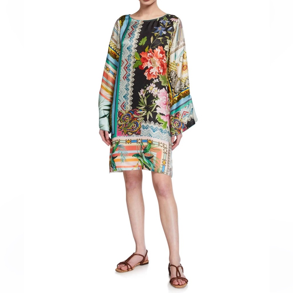 JOHNNY Island Print Silk Mixed Print Tunic Shift Dress